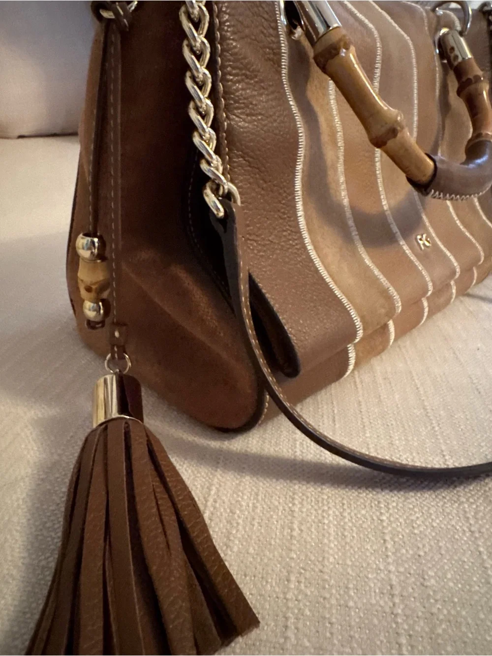 PURIFICACION GARCIA Leather Top-Handle Shoulder Bag in Brown and Tan